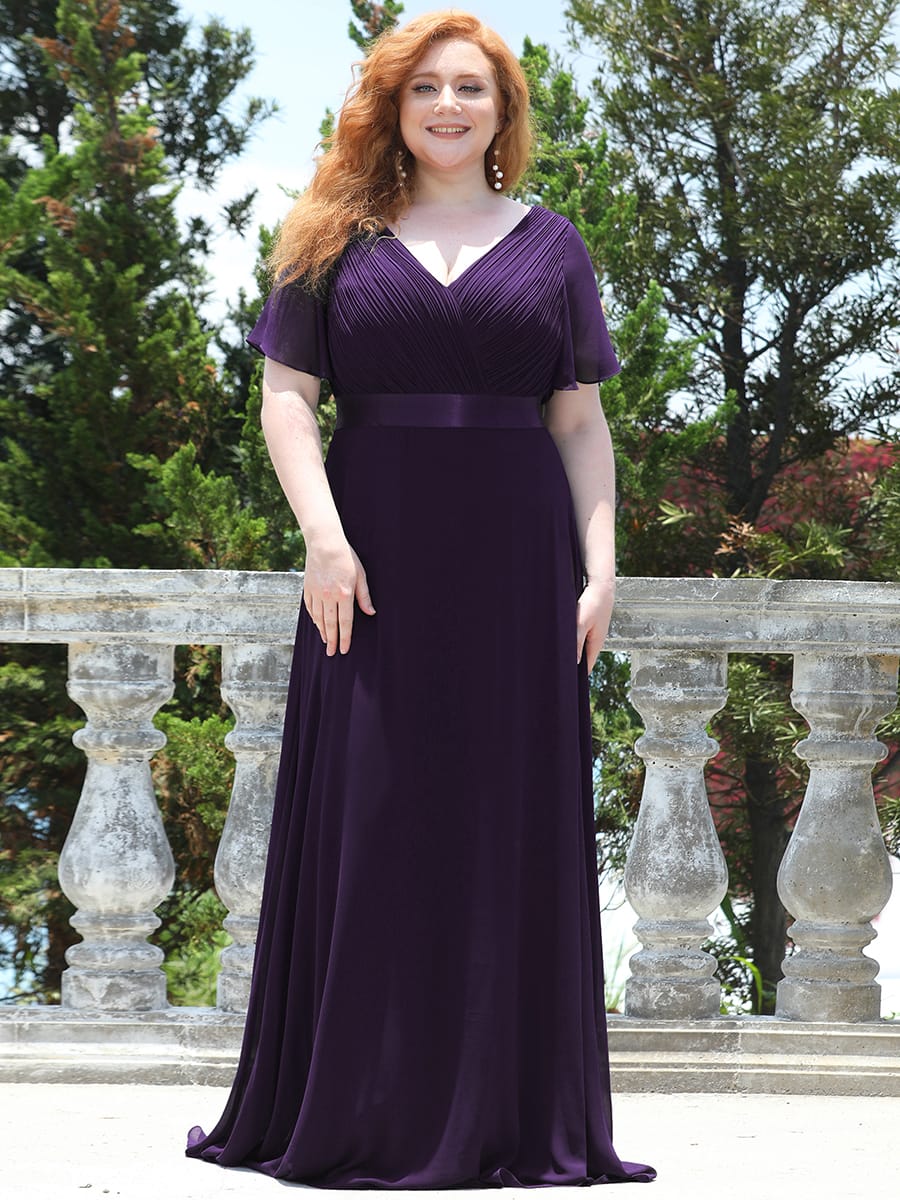 Long Empire Waist Bridesmaid Dress with Short Flutter Sleeves #color_Dark Purple