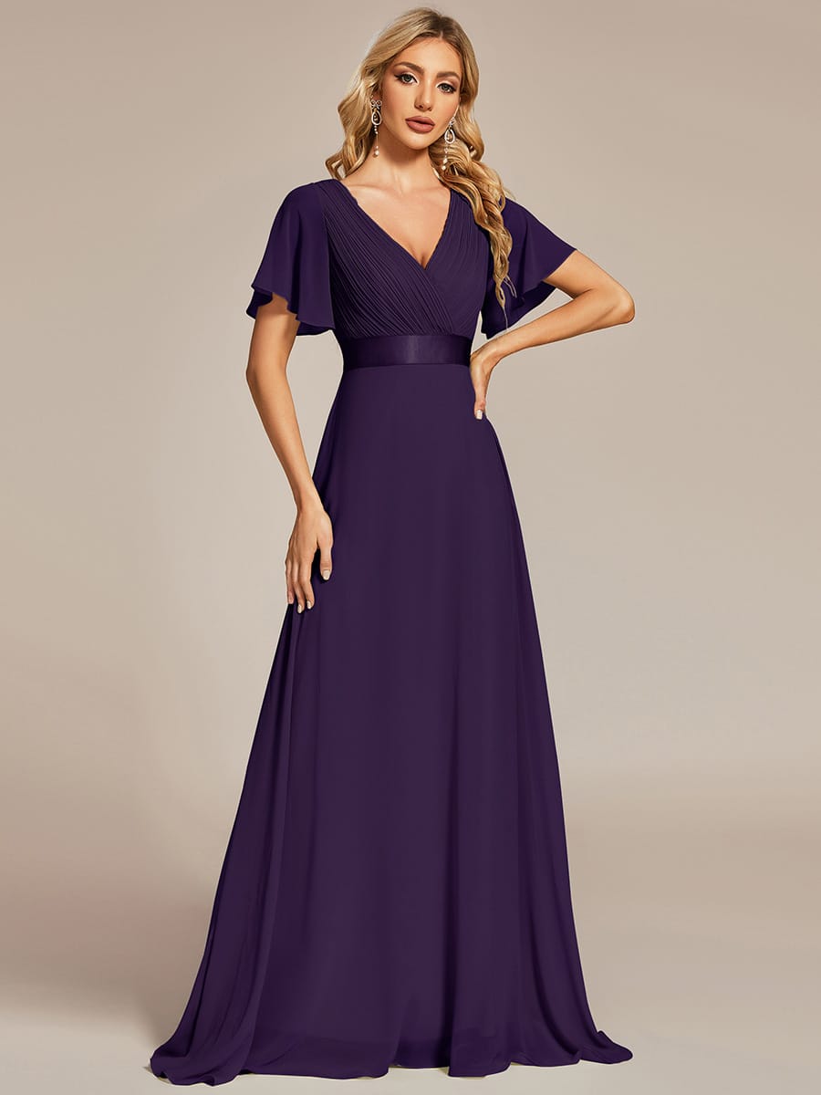 Long Empire Waist Bridesmaid Dress with Short Flutter Sleeves #color_Dark Purple