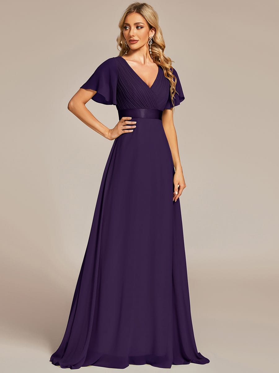 Long Empire Waist Bridesmaid Dress with Short Flutter Sleeves #color_Dark Purple