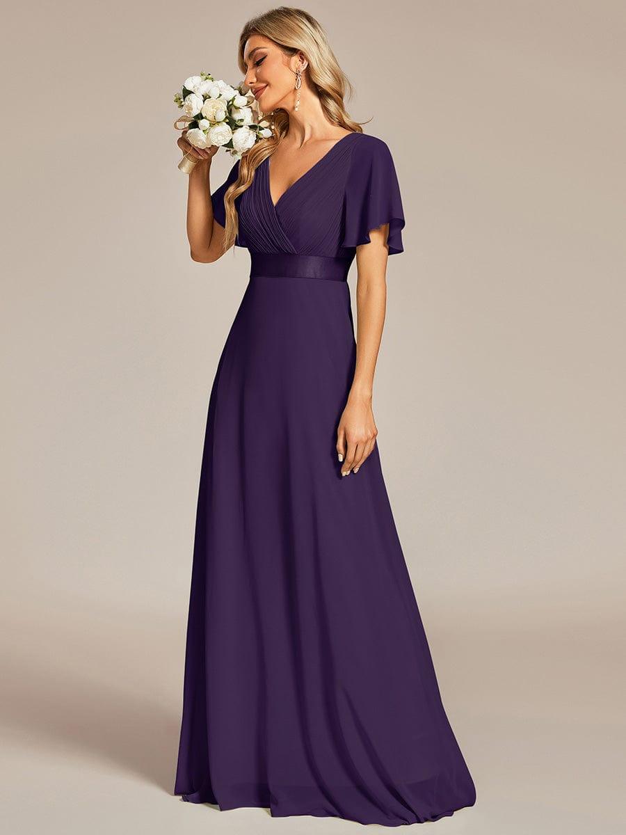 Long Empire Waist Bridesmaid Dress with Short Flutter Sleeves #color_Dark Purple