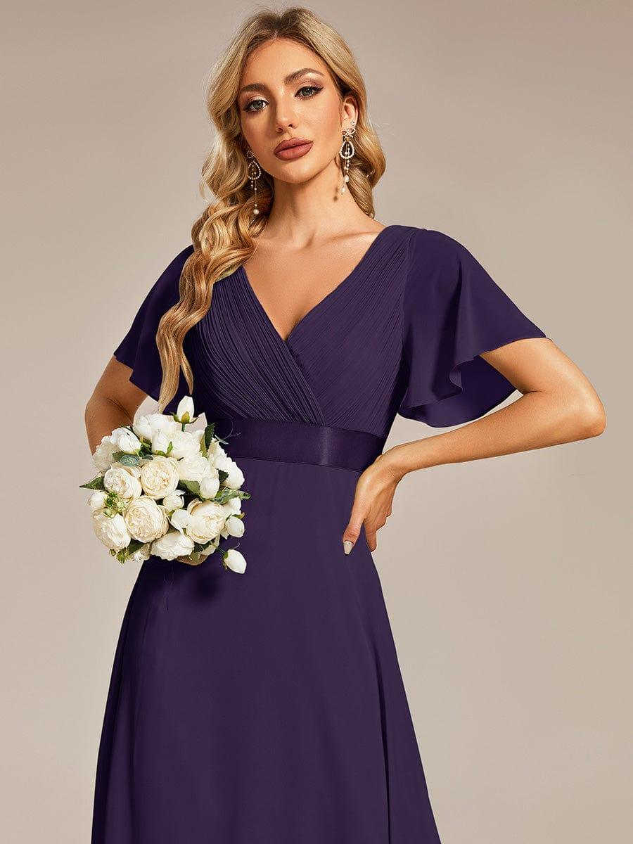 Long Empire Waist Bridesmaid Dress with Short Flutter Sleeves #color_Dark Purple
