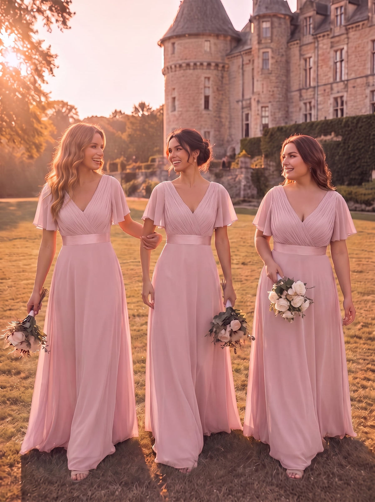 Long Empire Waist Bridesmaid Dress with Short Flutter Sleeves #color_Dusty Rose