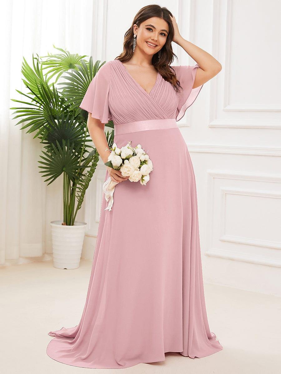 Plus Size Long Empire Waist Bridesmaid Dress with Short Flutter Sleeves #color_Dusty Rose