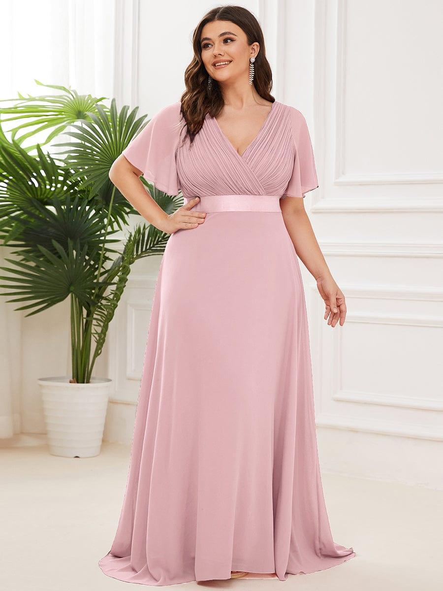 Plus Size Long Empire Waist Bridesmaid Dress with Short Flutter Sleeves #color_Dusty Rose
