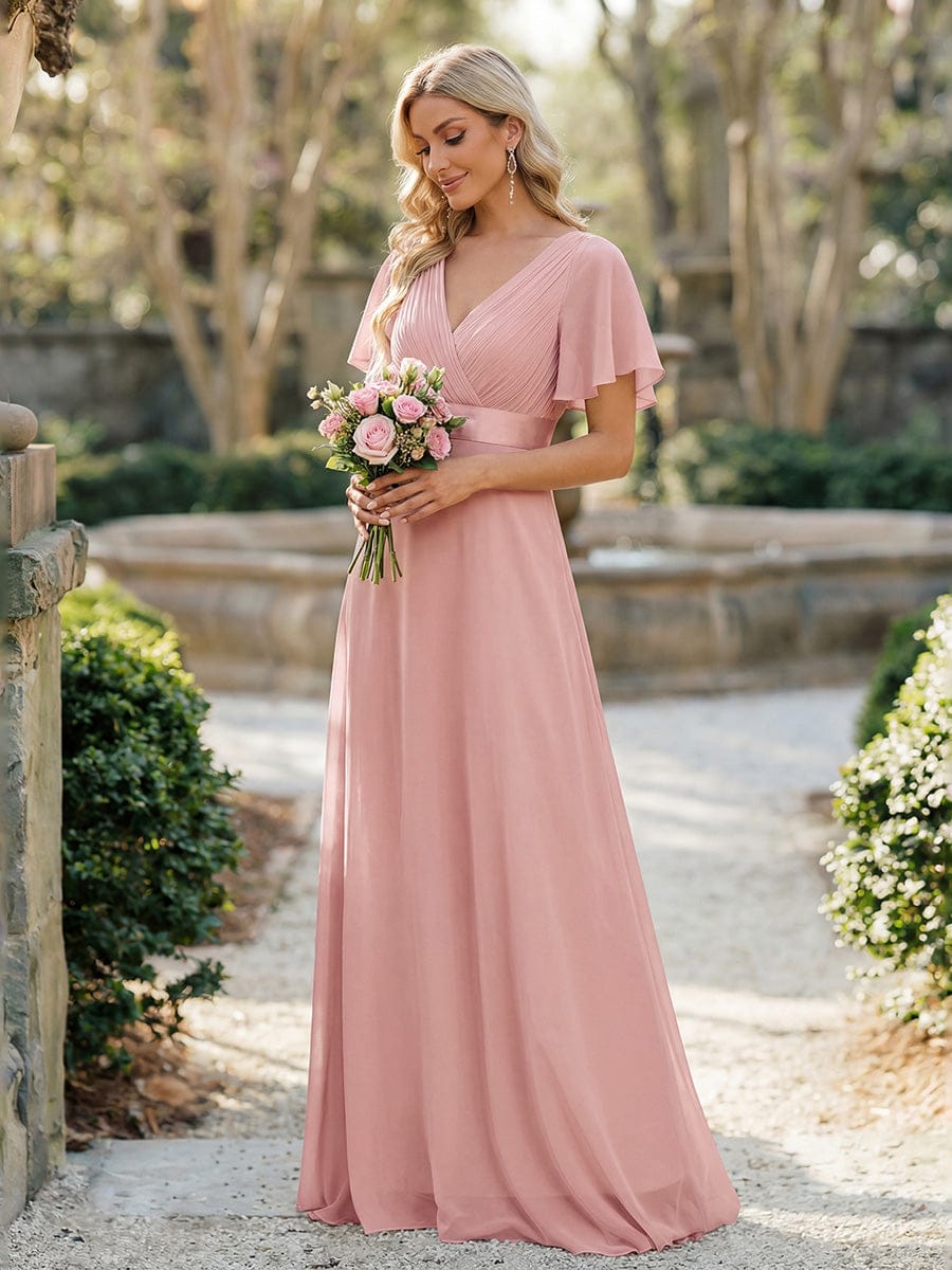 Empire Waist Floor Length Bridesmaid Dress with Short Flutter Sleeves #color_Dusty Rose