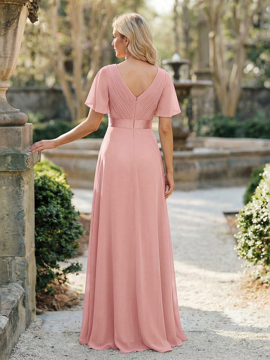 Empire Waist Floor Length Bridesmaid Dress with Short Flutter Sleeves #color_Dusty Rose