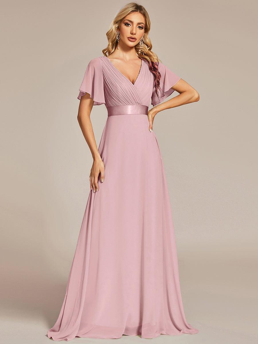 Long Empire Waist Bridesmaid Dress with Short Flutter Sleeves #color_Dusty Rose