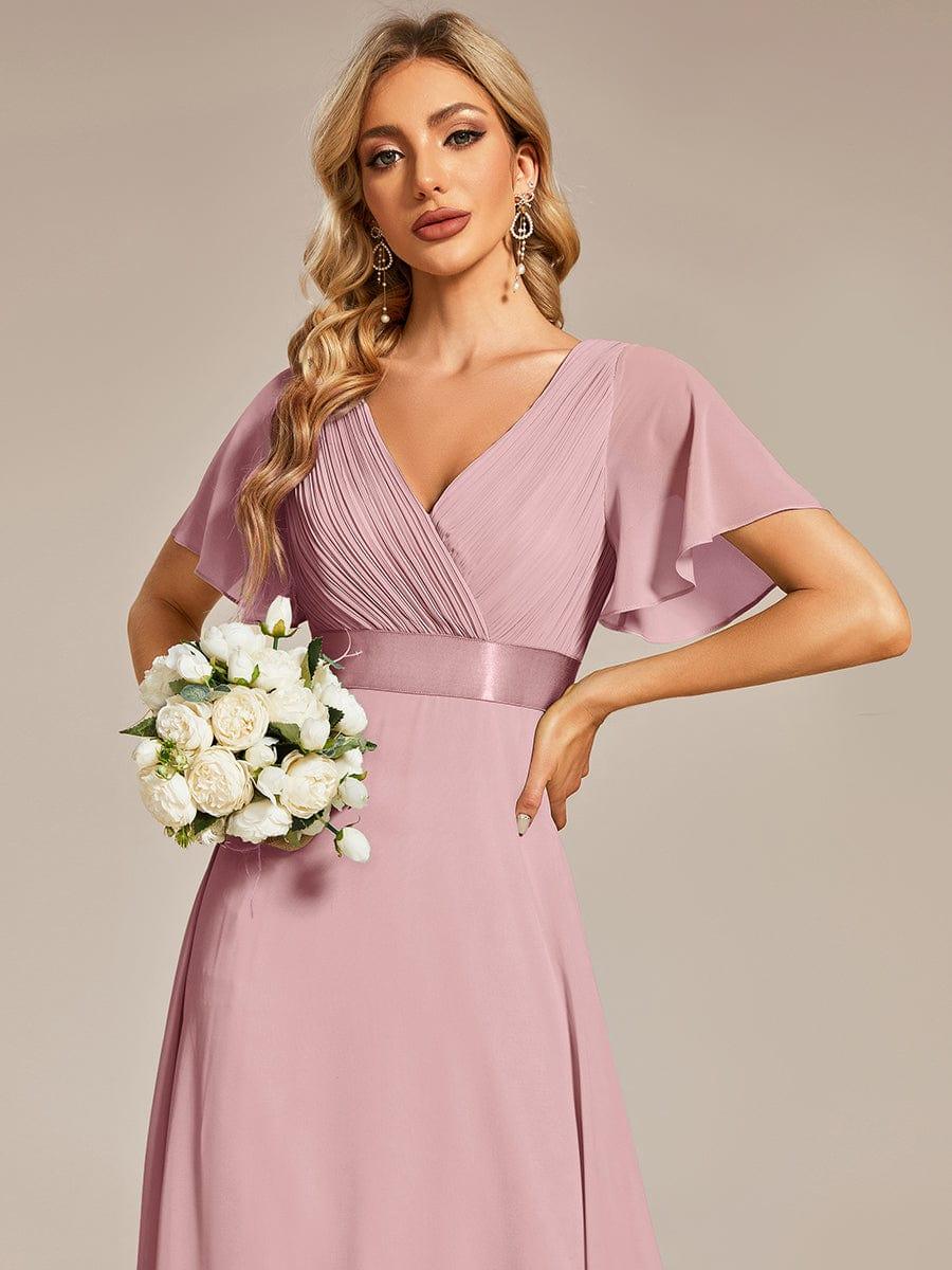 Long Empire Waist Bridesmaid Dress with Short Flutter Sleeves #color_Dusty Rose