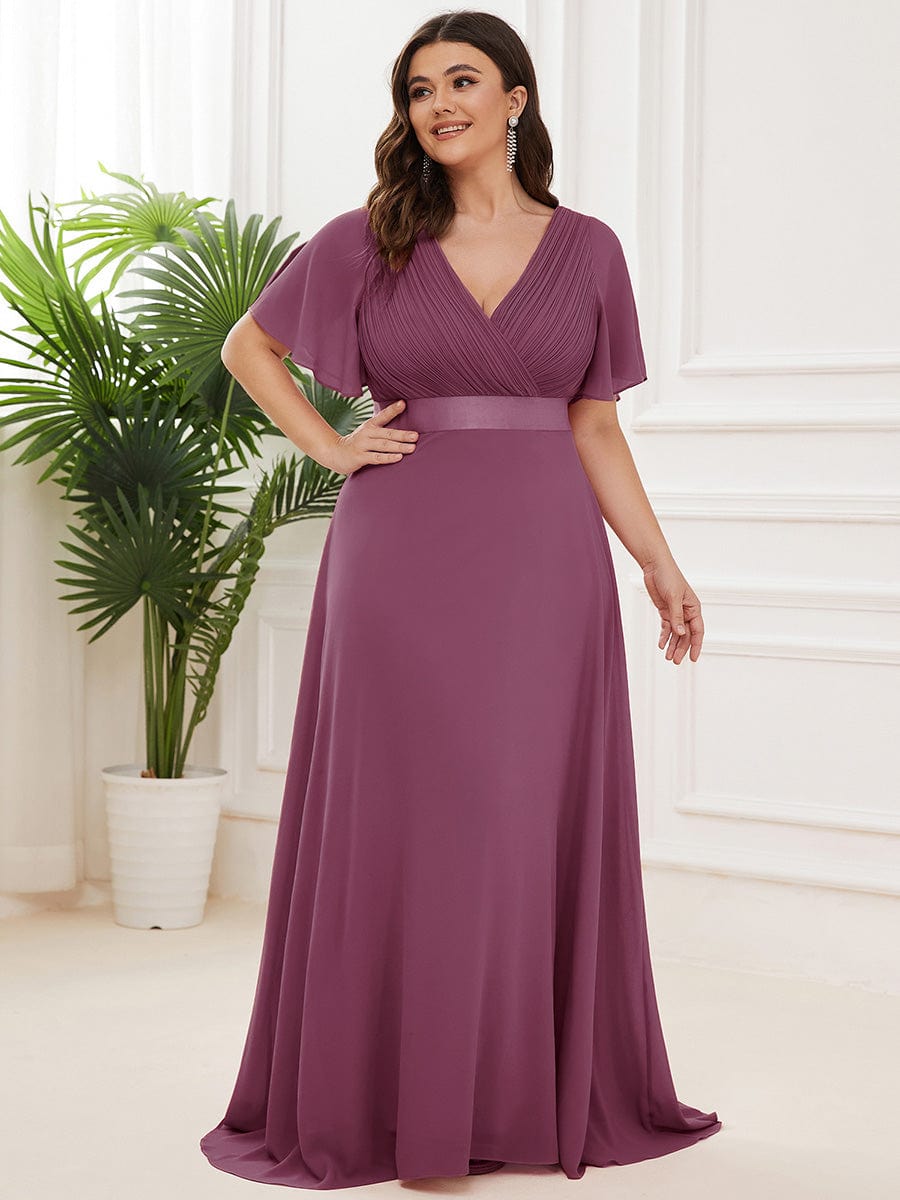 High Waist Short Sleeves Bridesmaid Dress #color_Damson