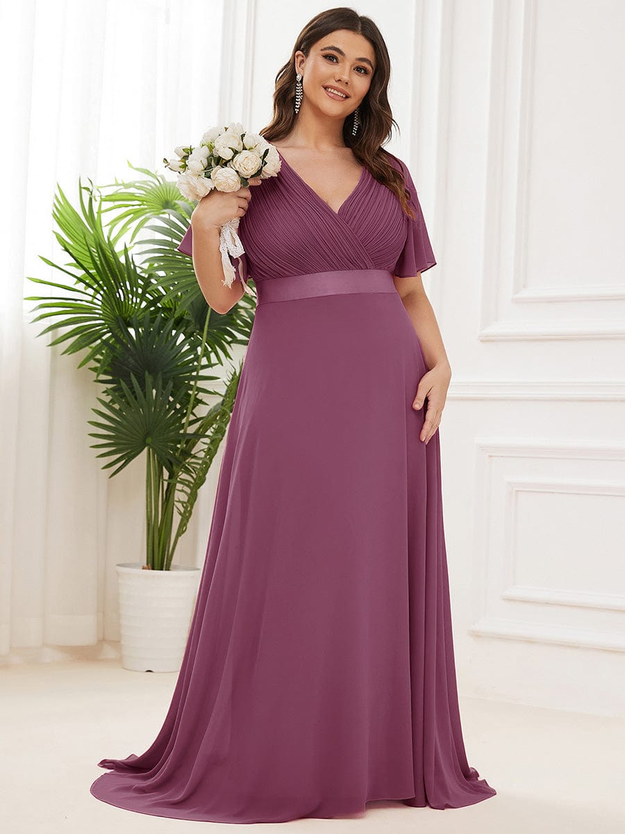 High Waist Short Sleeves Bridesmaid Dress #color_Damson