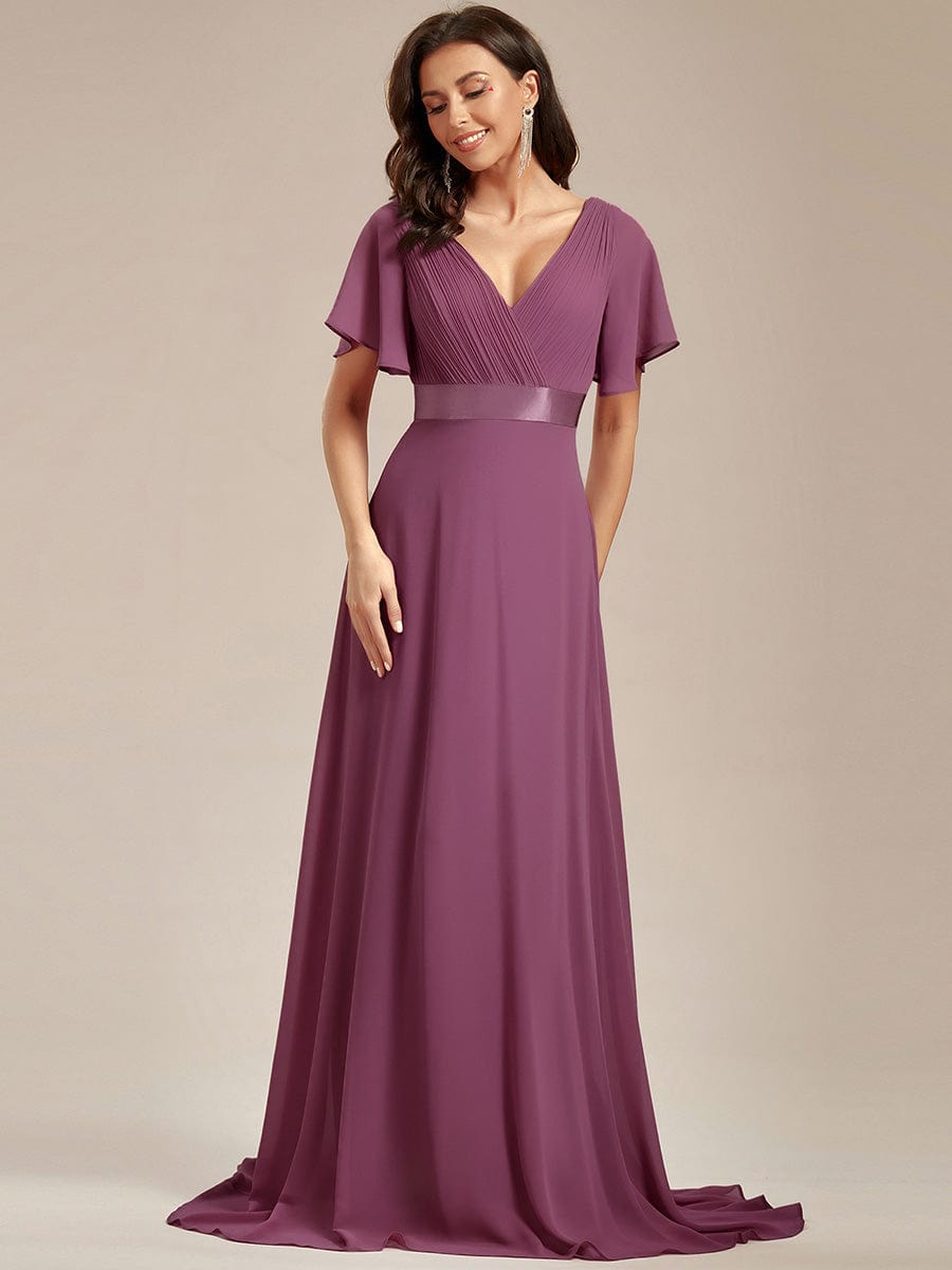 High Waist Short Sleeves Bridesmaid Dress #color_Damson