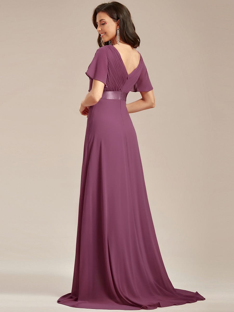 High Waist Short Sleeves Bridesmaid Dress #color_Damson