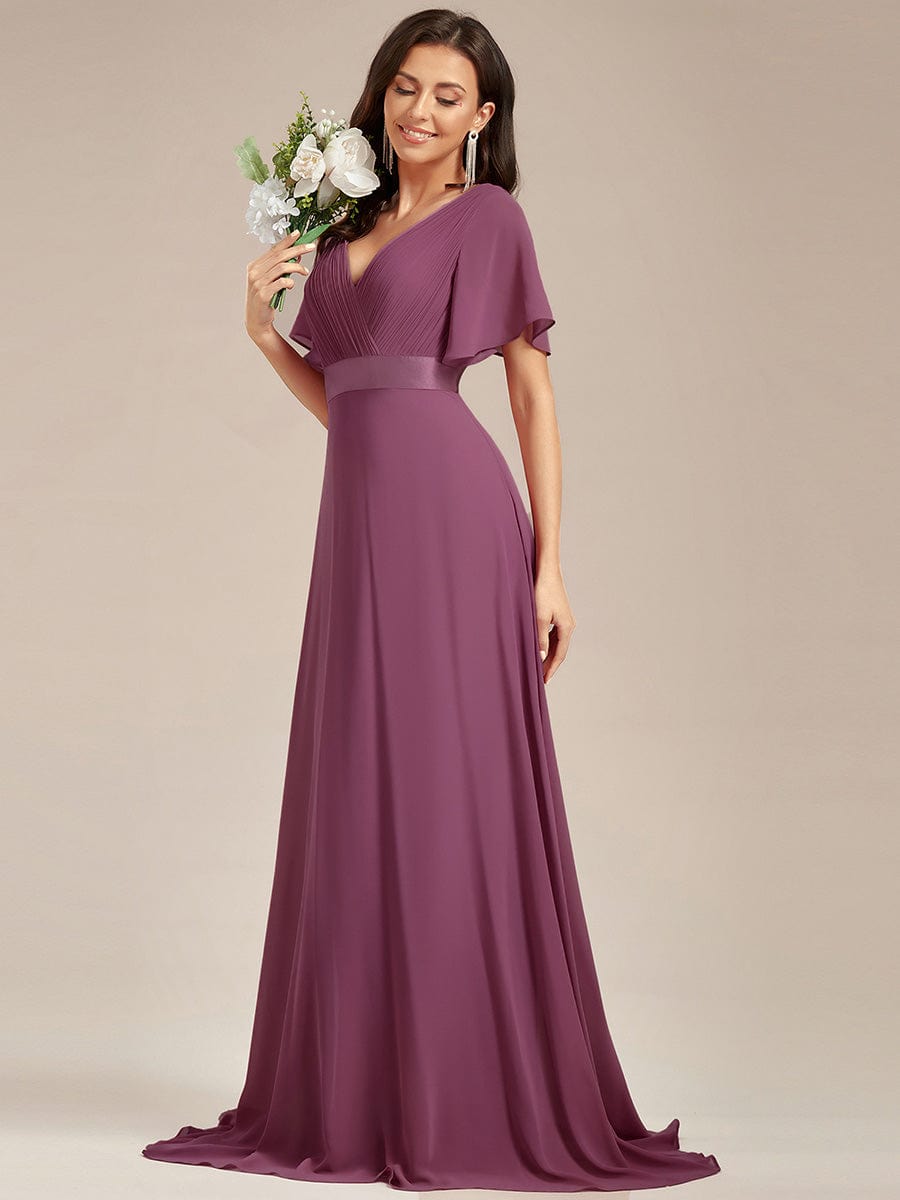 High Waist Short Sleeves Bridesmaid Dress #color_Damson