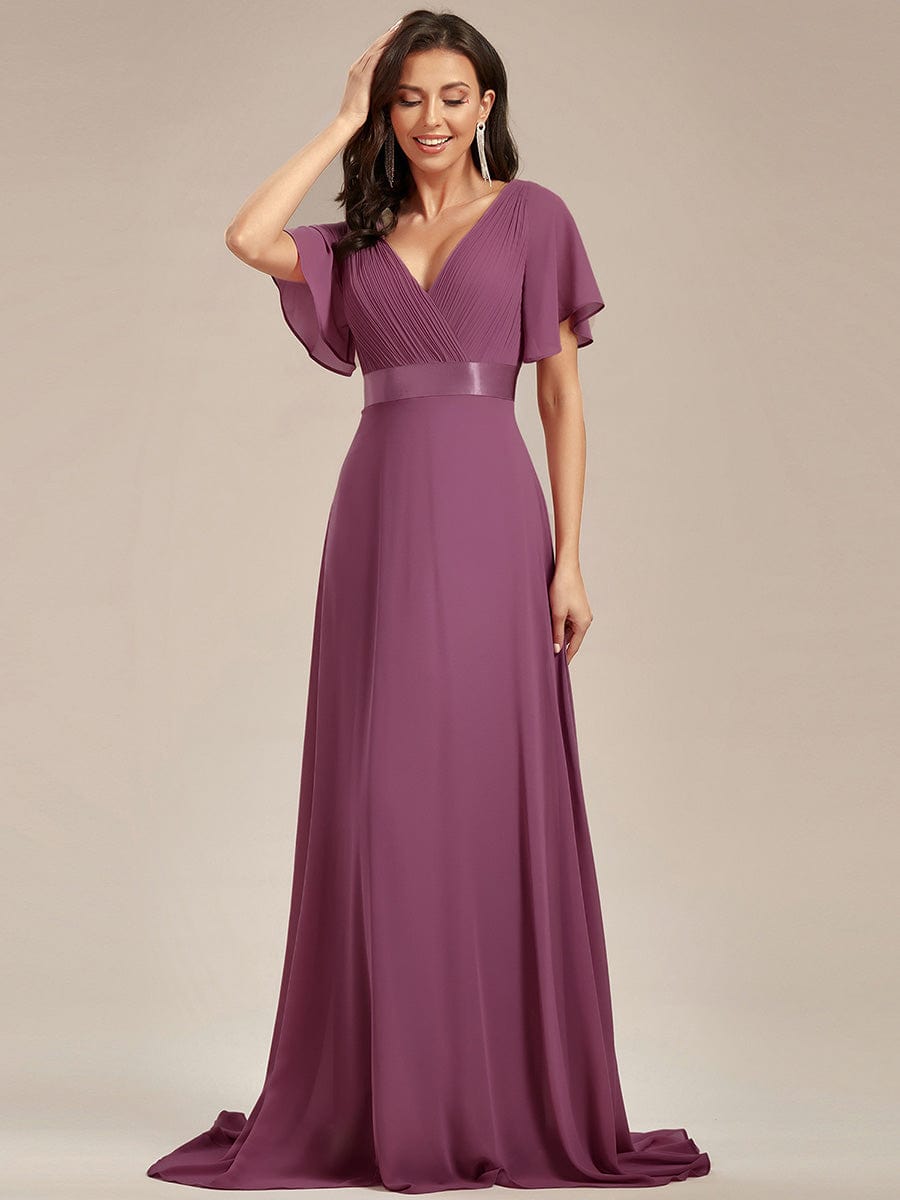 High Waist Short Sleeves Bridesmaid Dress #color_Damson