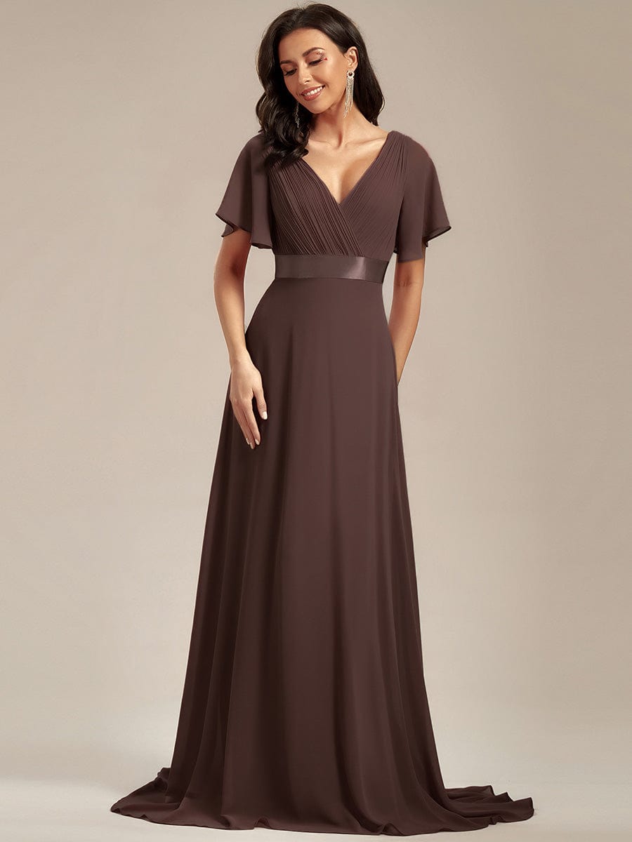 High Waist Short Sleeves Bridesmaid Dress #color_Espresso