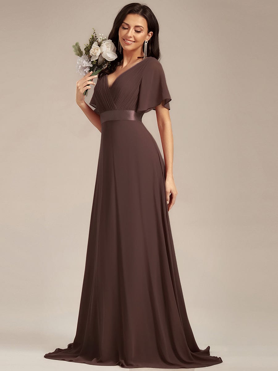 High Waist Short Sleeves Bridesmaid Dress #color_Espresso