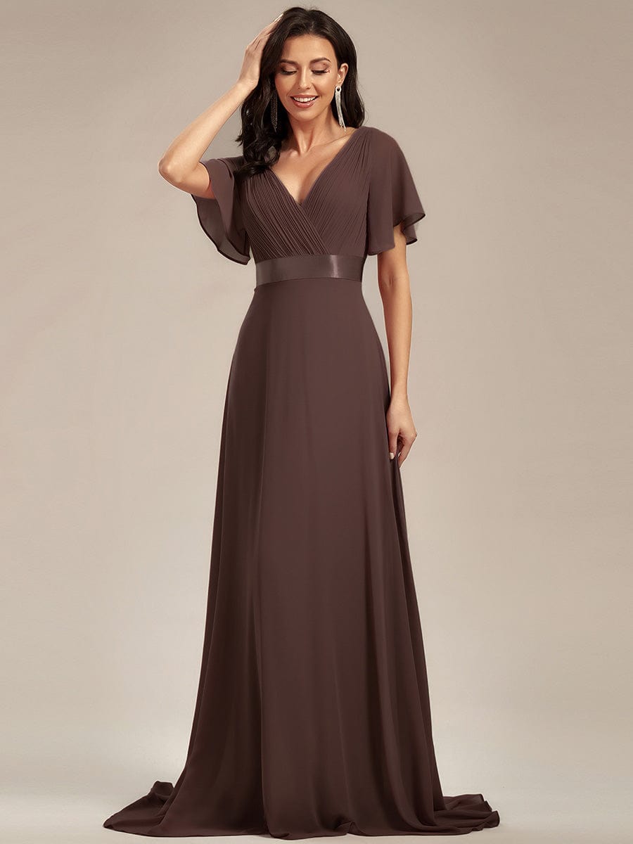 High Waist Short Sleeves Bridesmaid Dress #color_Espresso