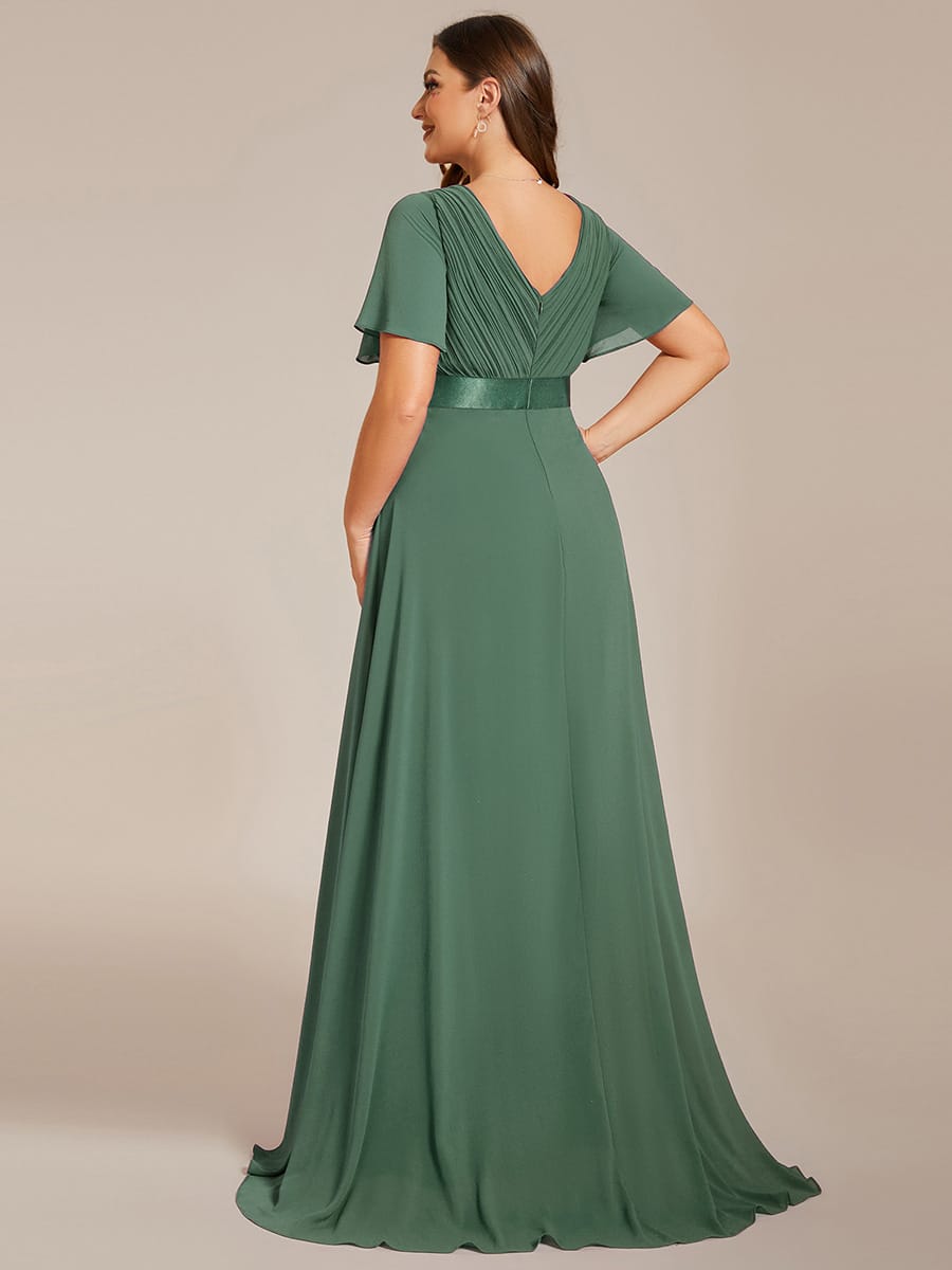 Long Empire Waist Bridesmaid Dress with Short Flutter Sleeves #color_Eucalyptus Green