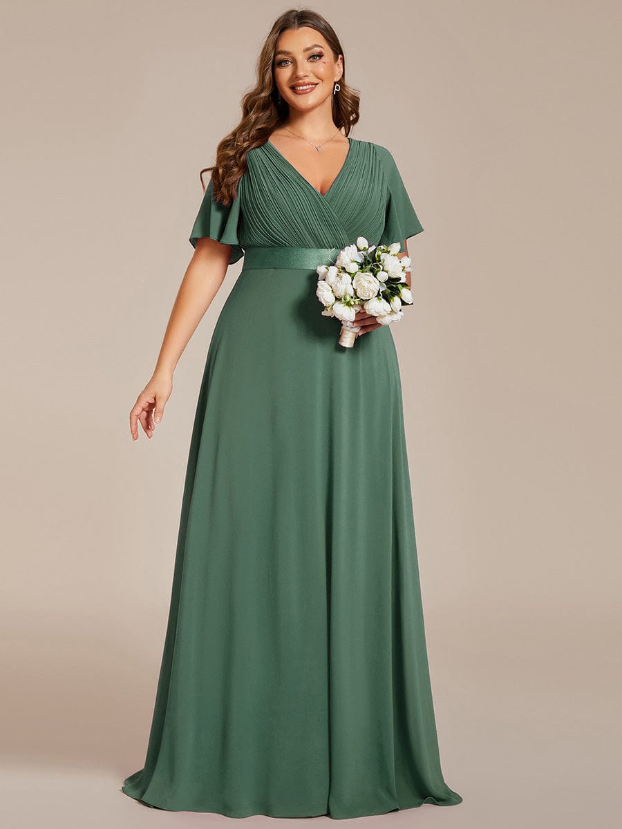 Long Empire Waist Bridesmaid Dress with Short Flutter Sleeves #color_Eucalyptus Green