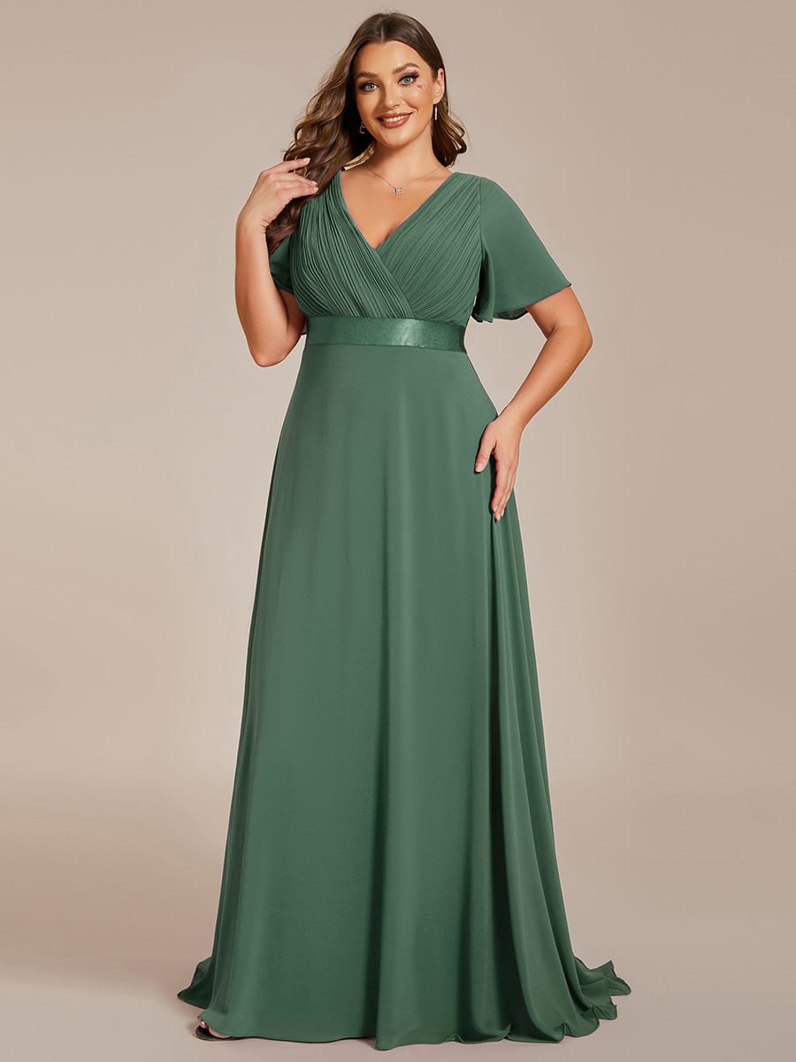 Long Empire Waist Bridesmaid Dress with Short Flutter Sleeves #color_Eucalyptus Green
