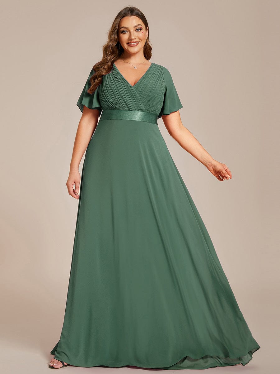 Long Empire Waist Bridesmaid Dress with Short Flutter Sleeves #color_Eucalyptus Green
