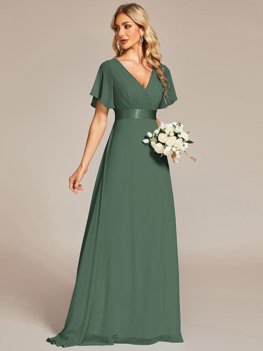 Long Empire Waist Bridesmaid Dress with Short Flutter Sleeves #color_Eucalyptus Green