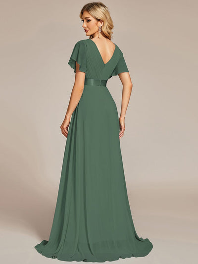 Long Empire Waist Bridesmaid Dress with Short Flutter Sleeves #color_Eucalyptus Green