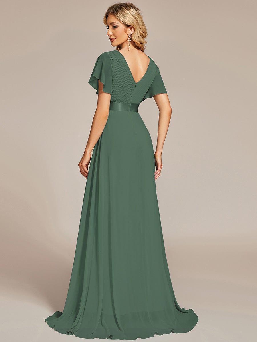 Long Empire Waist Bridesmaid Dress with Short Flutter Sleeves #color_Eucalyptus Green