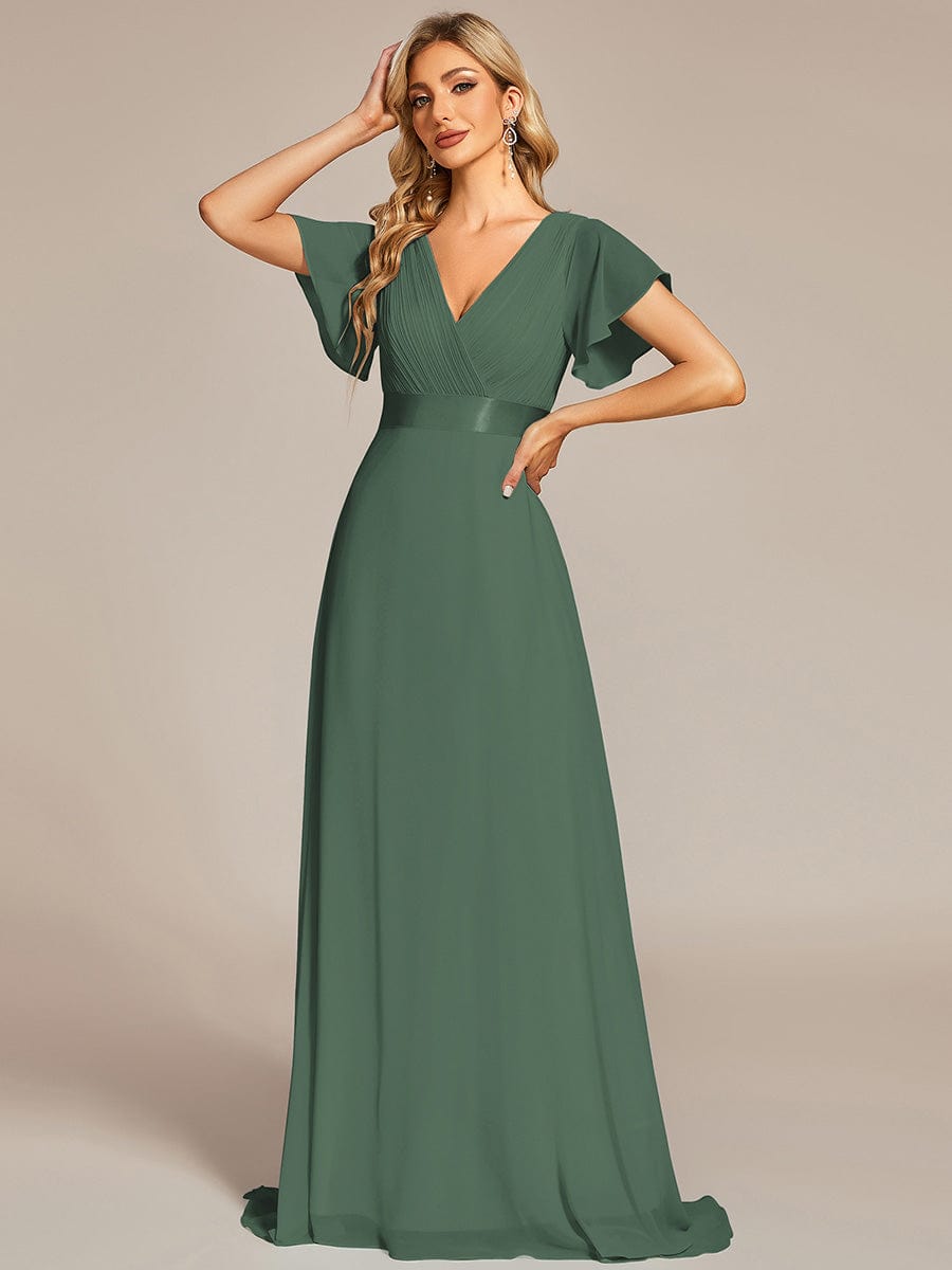 Long Empire Waist Bridesmaid Dress with Short Flutter Sleeves #color_Eucalyptus Green
