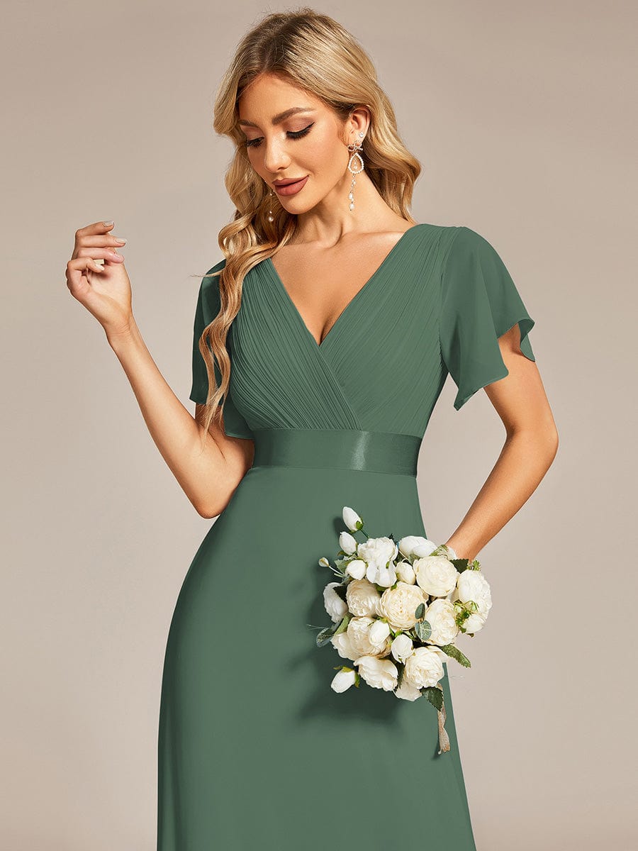 Long Empire Waist Bridesmaid Dress with Short Flutter Sleeves #color_Eucalyptus Green