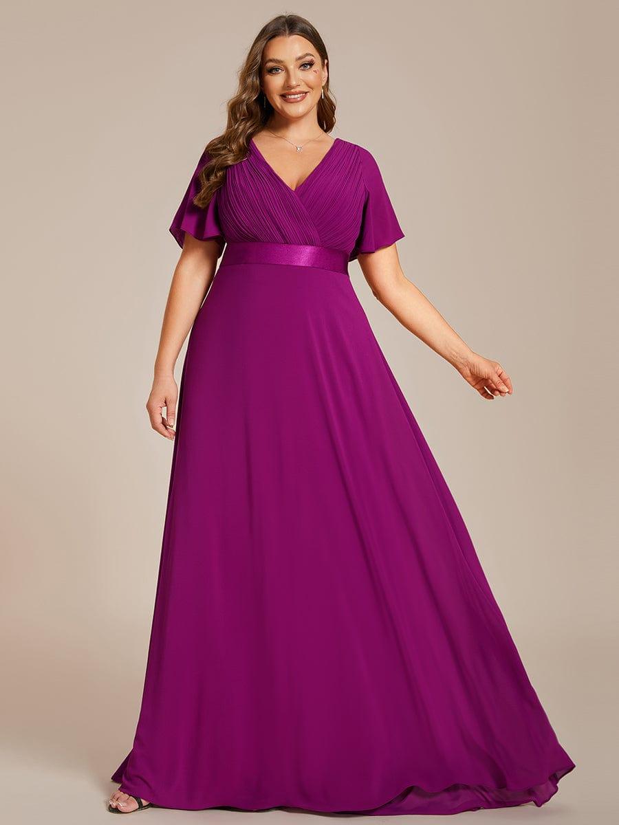 Plus Size Long Empire Waist Bridesmaid Dress with Short Flutter Sleeves #color_Fuchsia