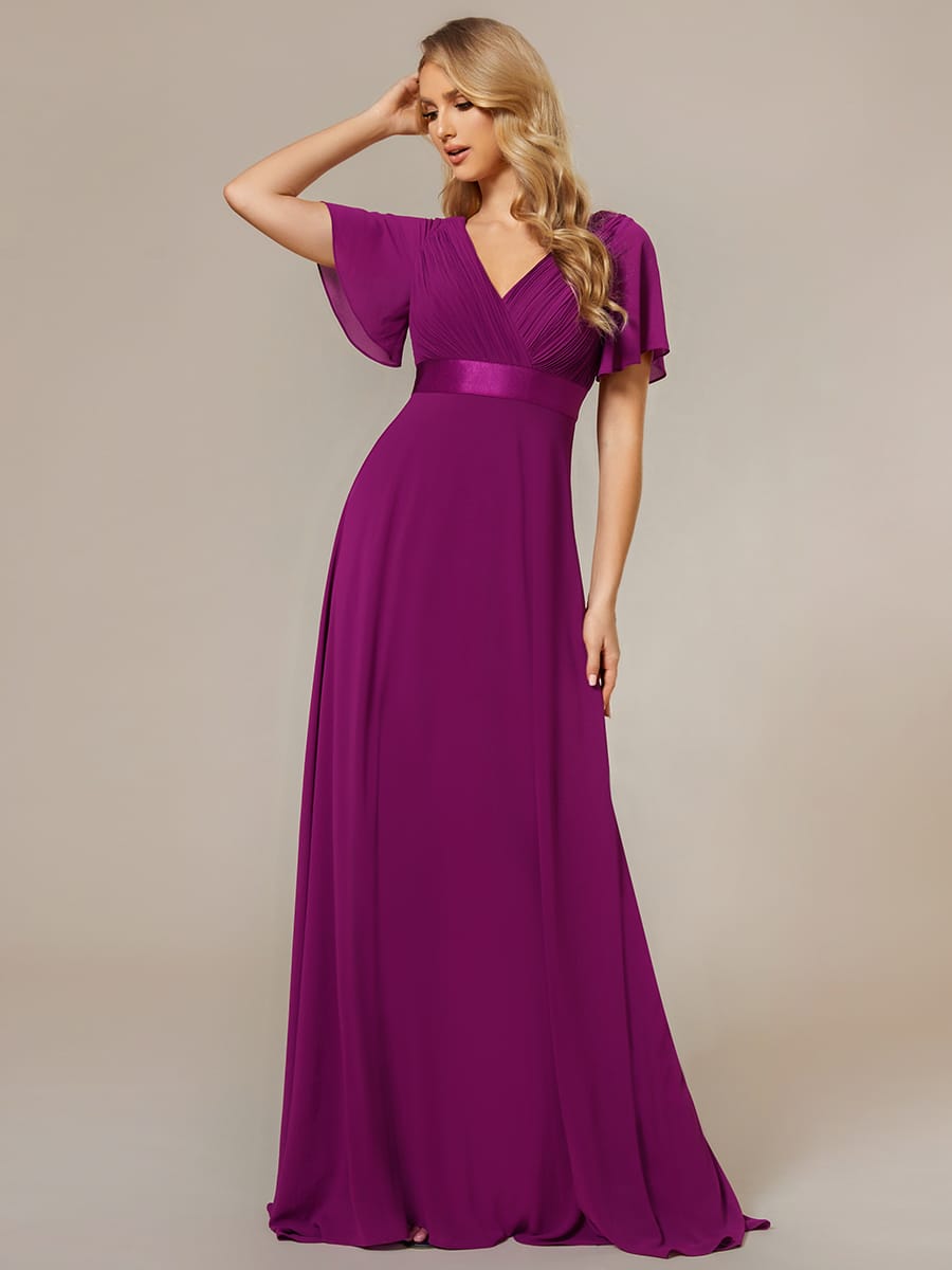 High Waist Short Sleeves Bridesmaid Dress #color_Fuchsia