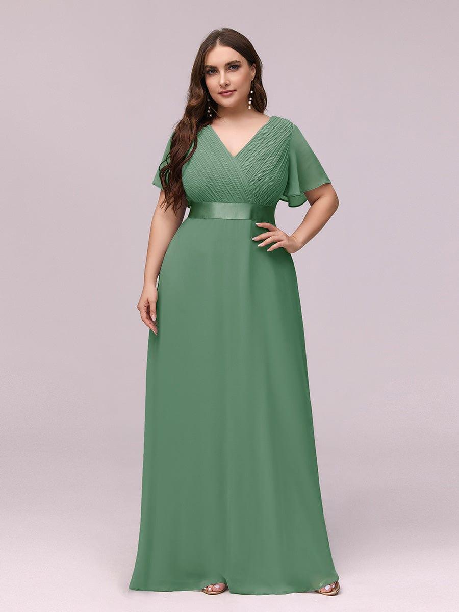 Long Empire Waist Bridesmaid Dress with Short Flutter Sleeves #color_Green Bean