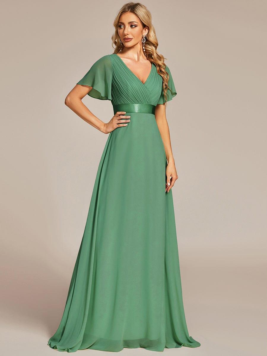 Long Empire Waist Bridesmaid Dress with Short Flutter Sleeves #color_Green Bean
