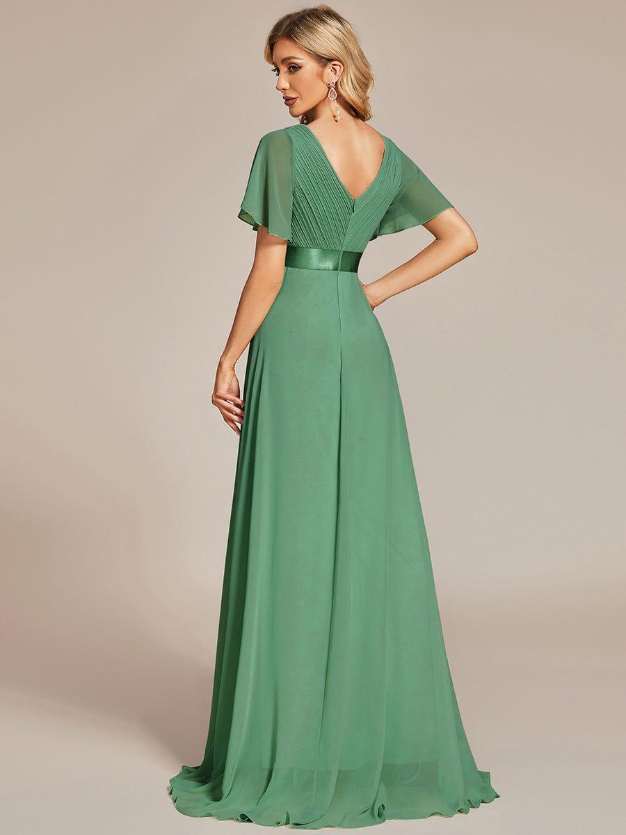 Long Empire Waist Bridesmaid Dress with Short Flutter Sleeves #color_Green Bean