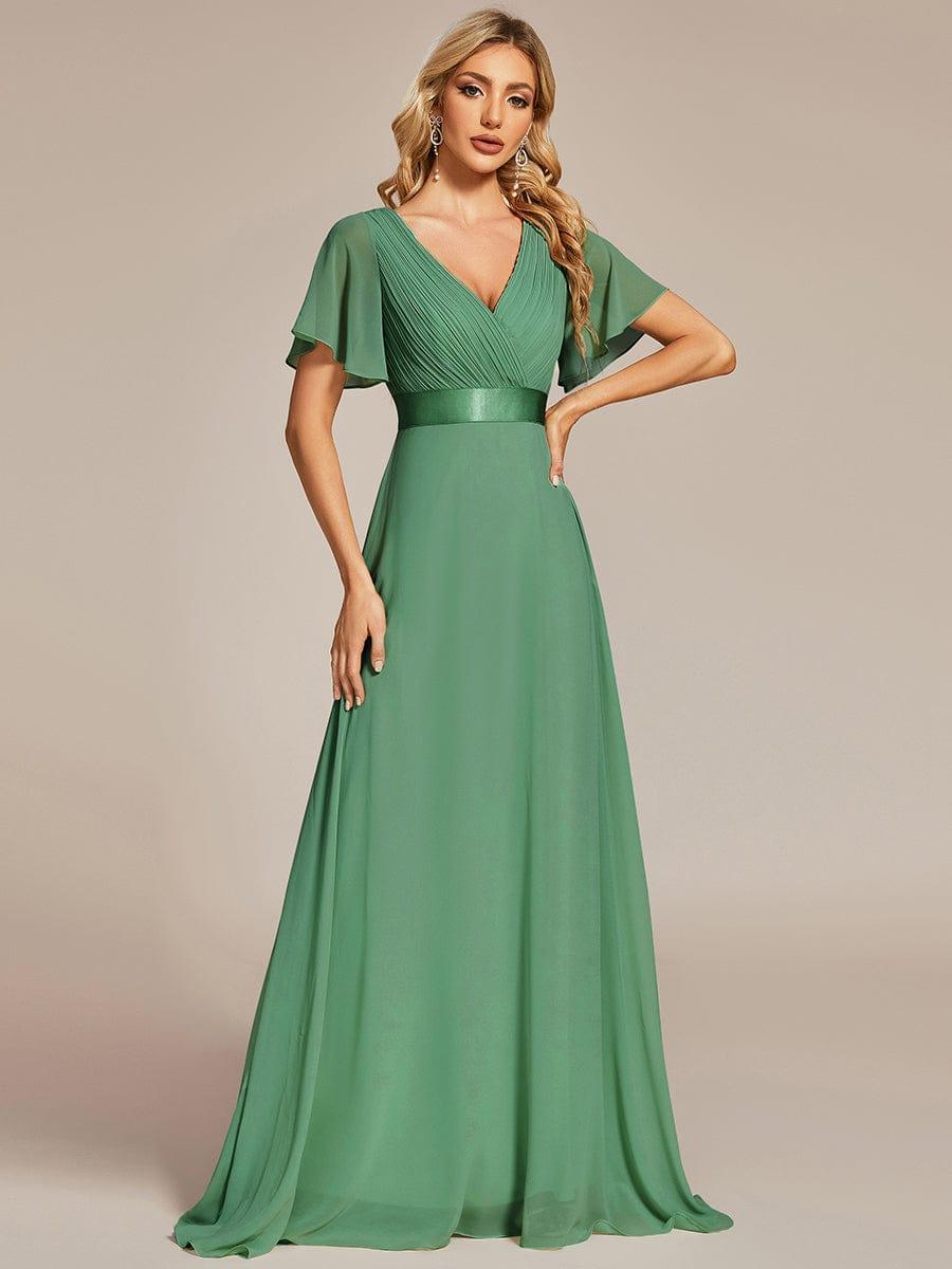Long Empire Waist Bridesmaid Dress with Short Flutter Sleeves #color_Green Bean