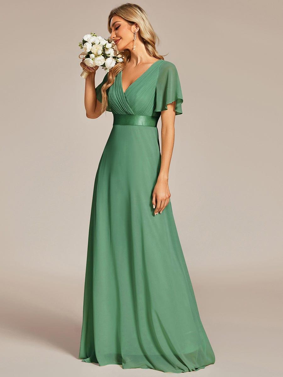 Long Empire Waist Bridesmaid Dress with Short Flutter Sleeves #color_Green Bean