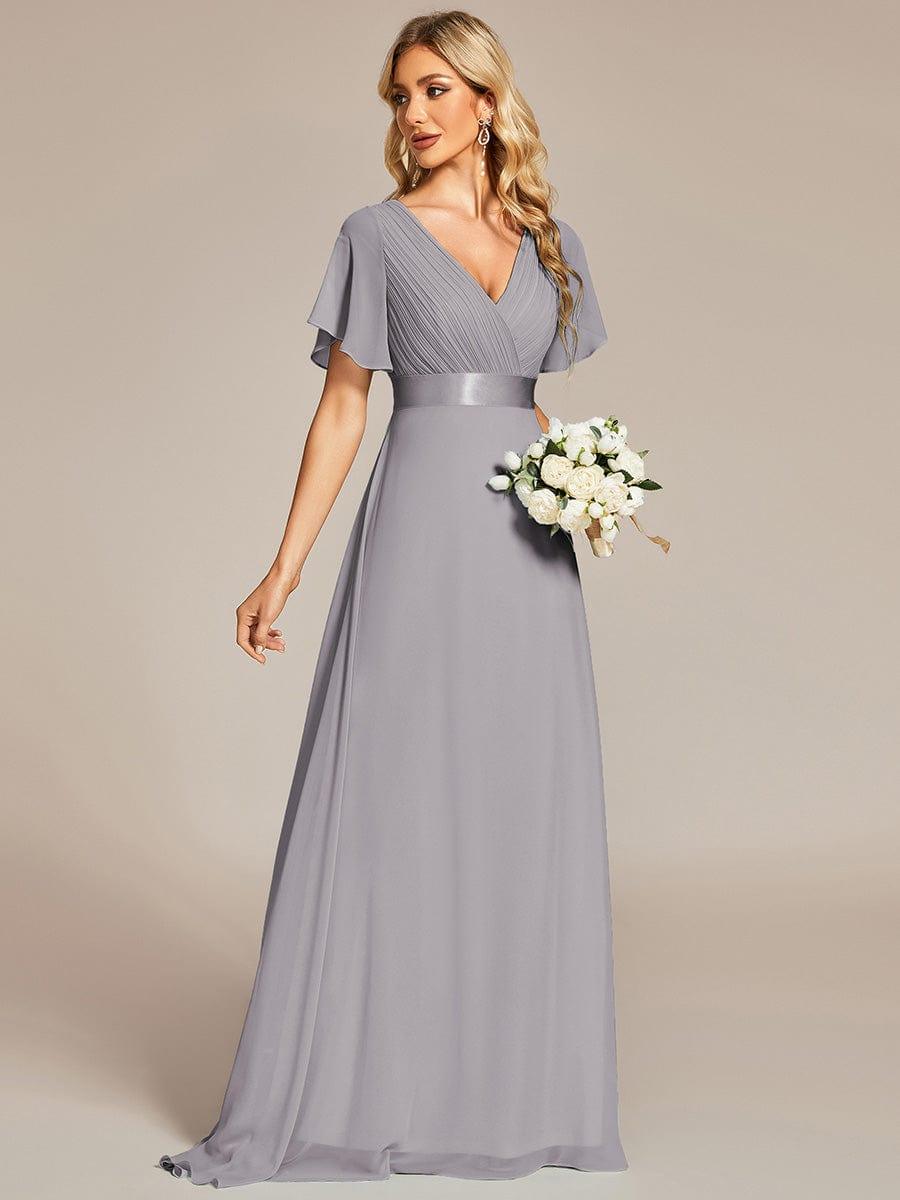 Long Empire Waist Bridesmaid Dress with Short Flutter Sleeves #color_Grey