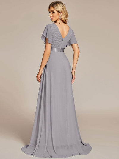 Empire Waist Floor Length Bridesmaid Dress with Short Flutter Sleeves #color_Grey