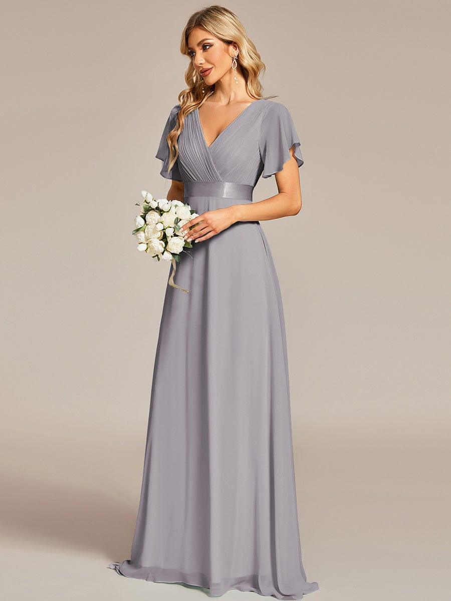 Empire Waist Floor Length Bridesmaid Dress with Short Flutter Sleeves #color_Grey