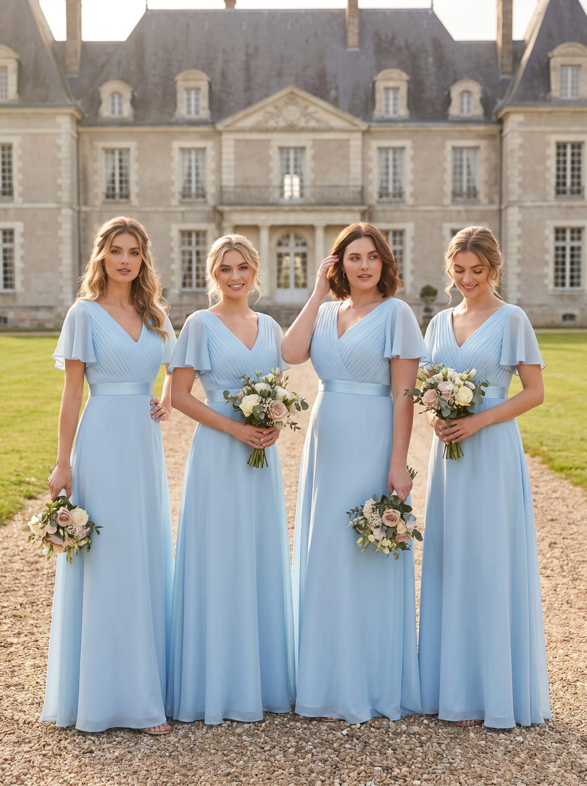 Long Empire Waist Bridesmaid Dress with Short Flutter Sleeves #color_Ice Blue
