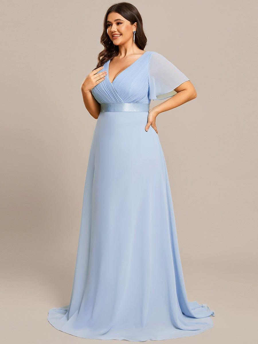 Plus Size Long Empire Waist Bridesmaid Dress with Short Flutter Sleeves #color_Ice Blue