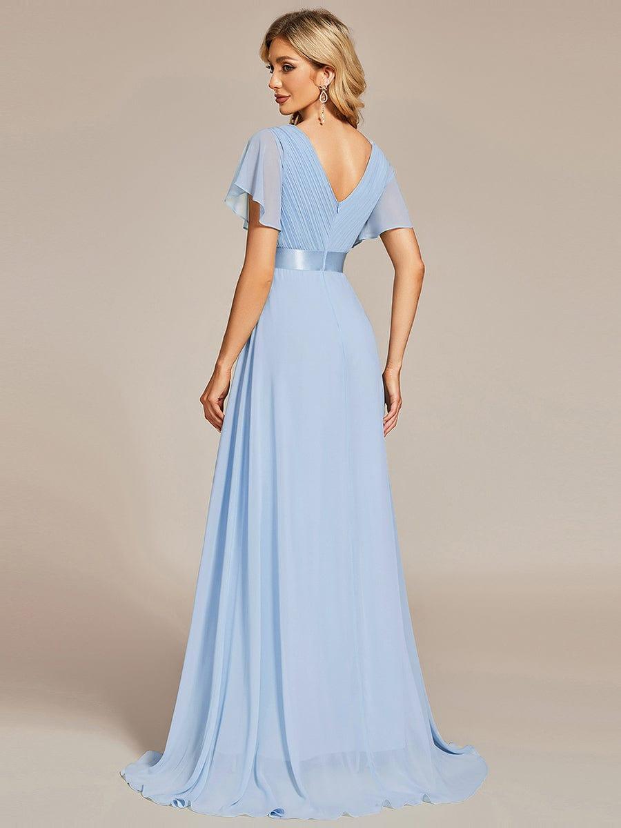 Empire Waist Floor Length Bridesmaid Dress with Short Flutter Sleeves #color_Ice Blue