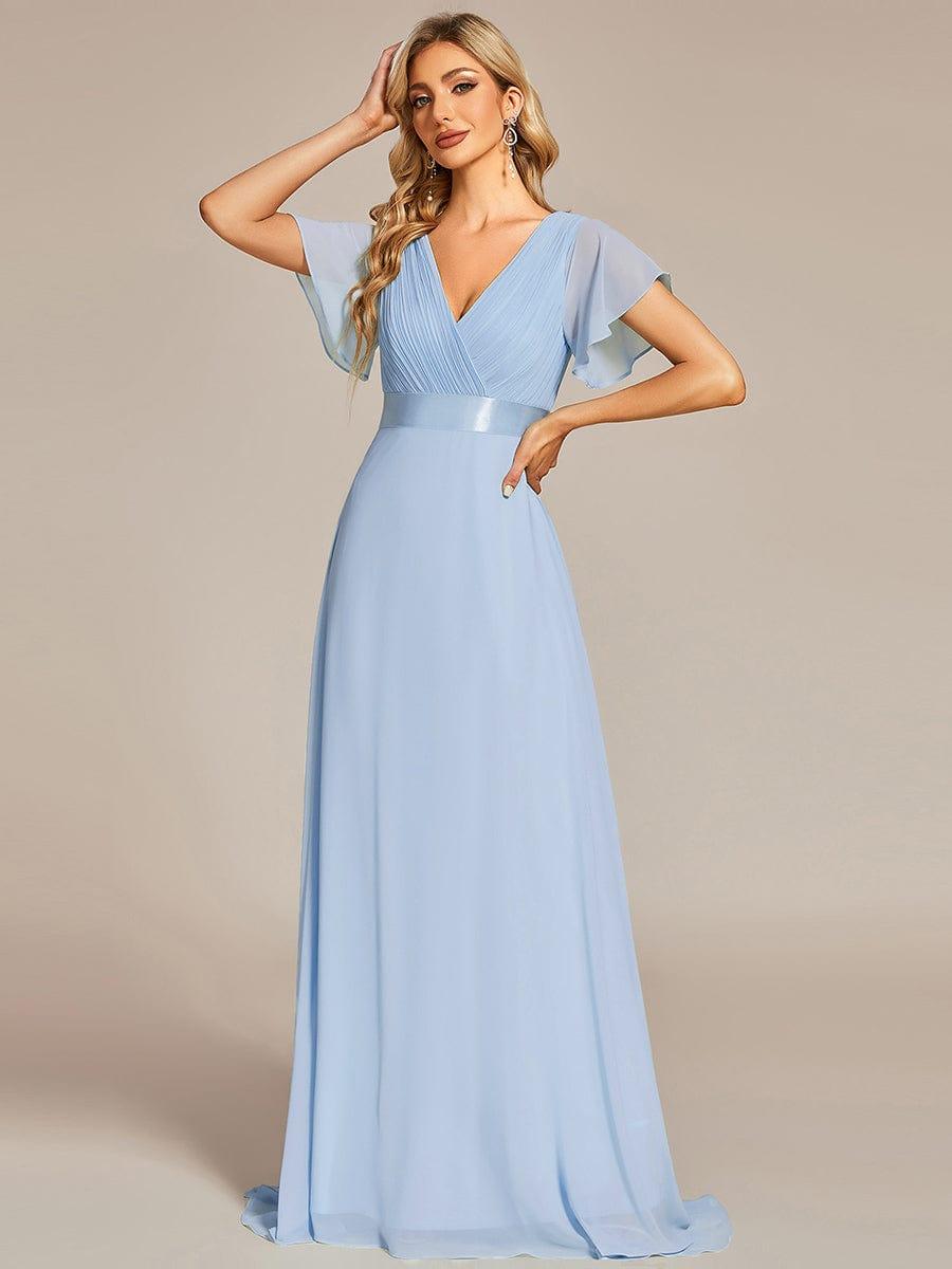 Long Empire Waist Bridesmaid Dress with Short Flutter Sleeves #color_Ice Blue