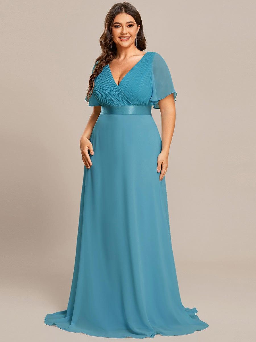 Plus Size Long Empire Waist Bridesmaid Dress with Short Flutter Sleeves #color_Jade Blue