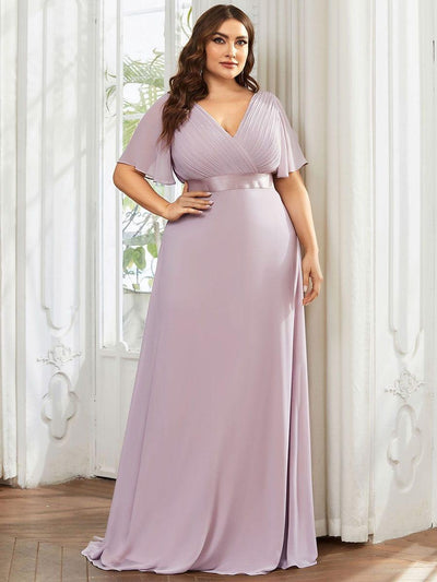 Plus Size Long Empire Waist Bridesmaid Dress with Short Flutter Sleeves #color_Lilac