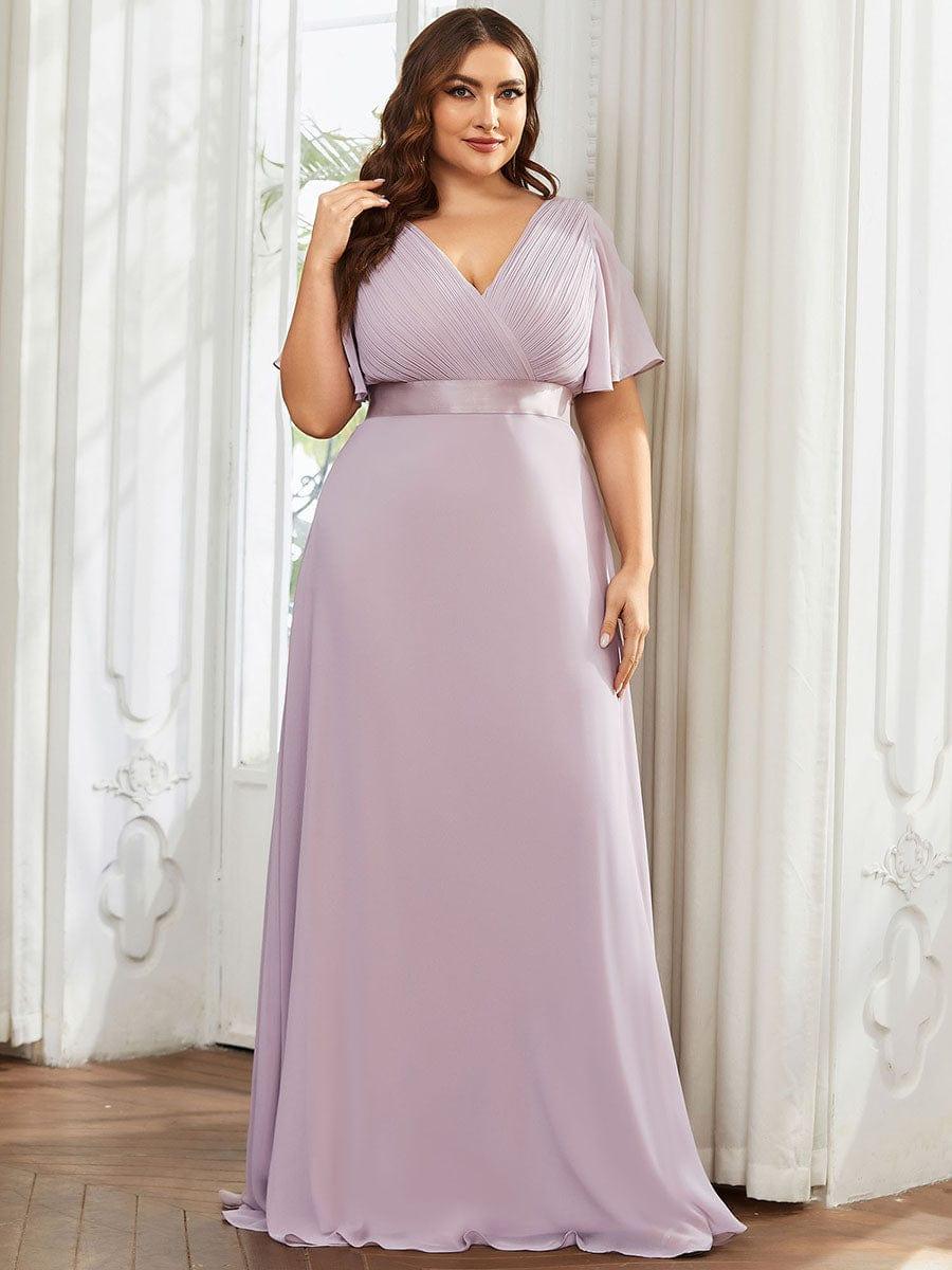 Plus Size Long Empire Waist Bridesmaid Dress with Short Flutter Sleeves #color_Lilac