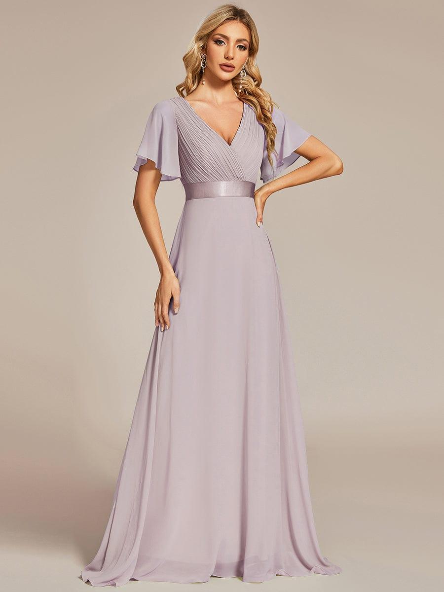 Long Empire Waist Bridesmaid Dress with Short Flutter Sleeves #color_Lilac