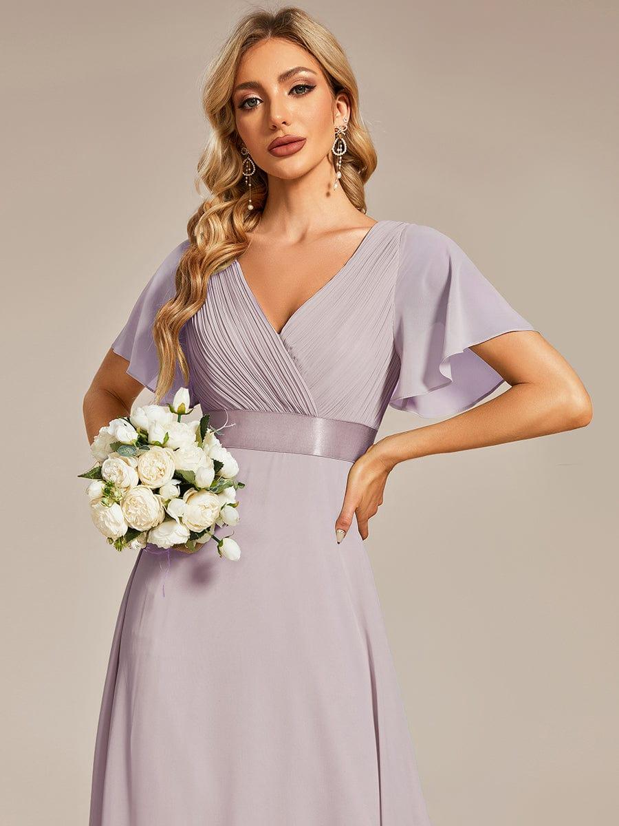 Long Empire Waist Bridesmaid Dress with Short Flutter Sleeves #color_Lilac