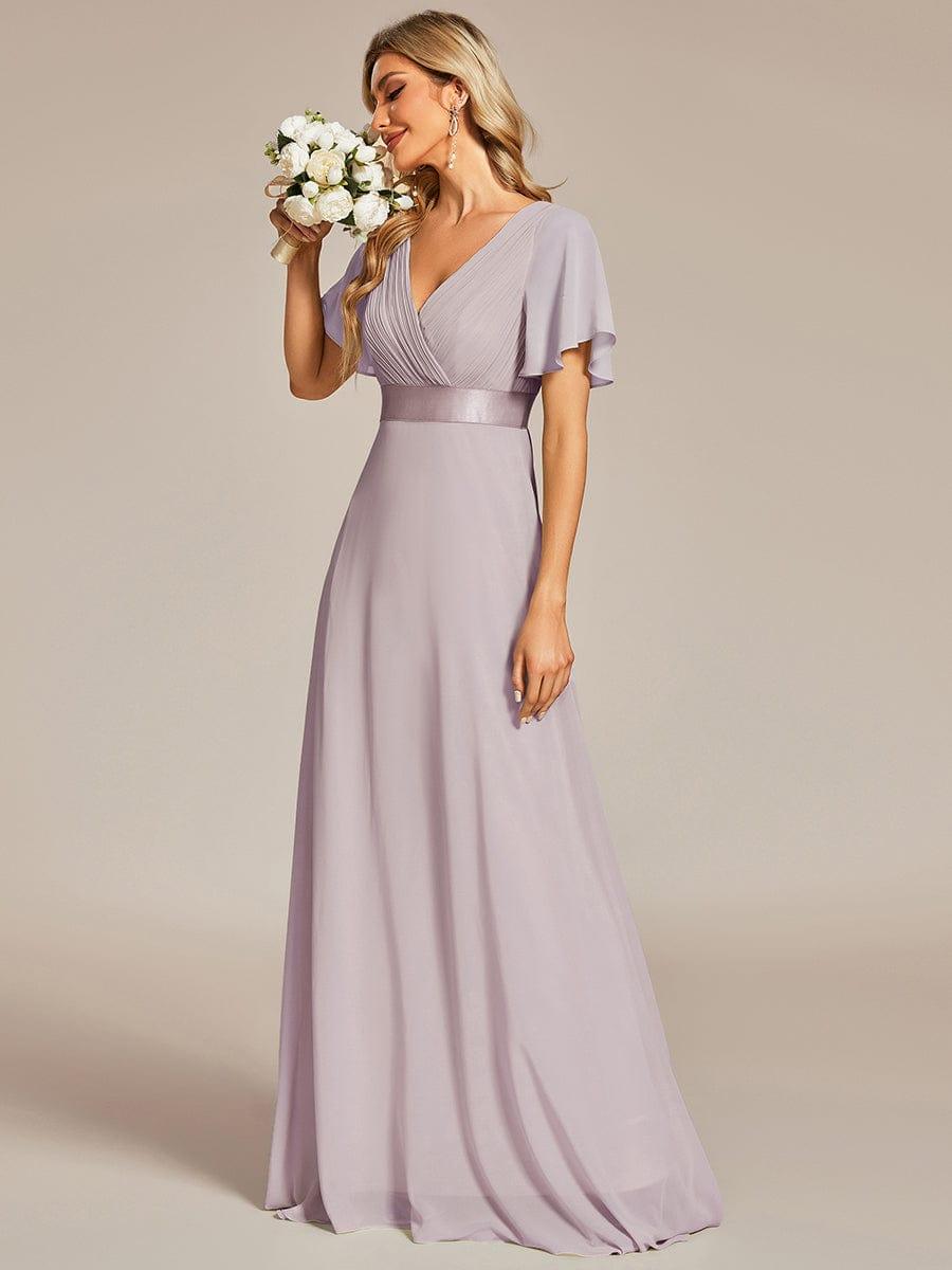 Long Empire Waist Bridesmaid Dress with Short Flutter Sleeves #color_Lilac